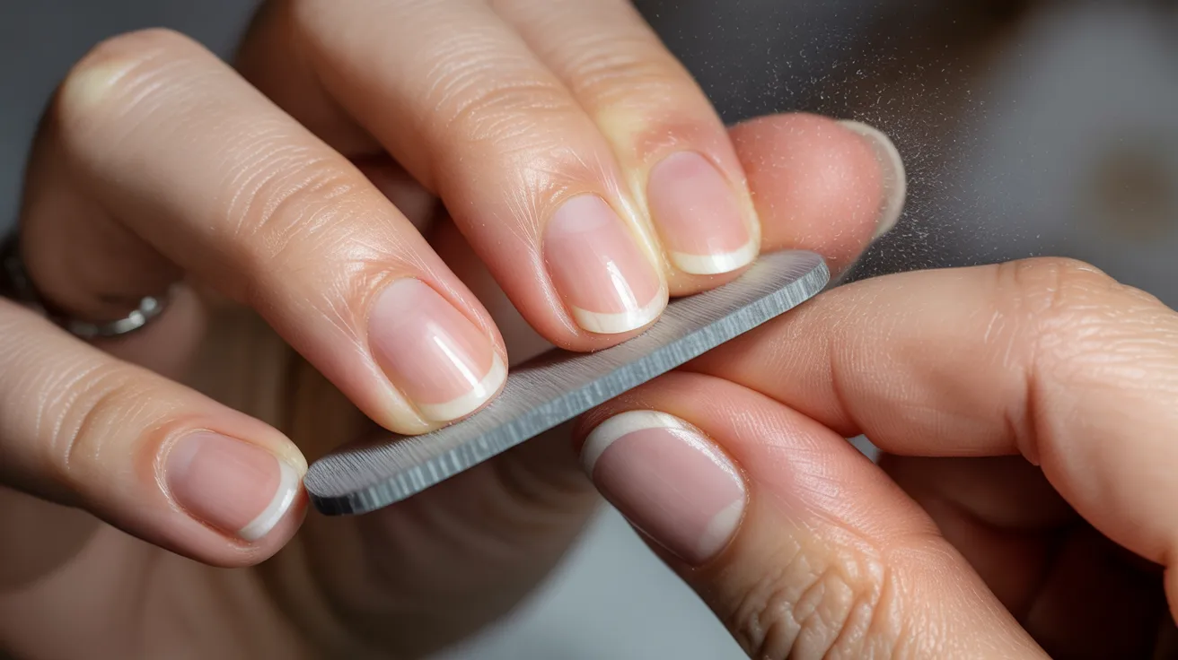 Close-up of a person filing their fingernails with a gray nail file. The nails are short and well-manicured, conveying a sense of self-care and neatness.