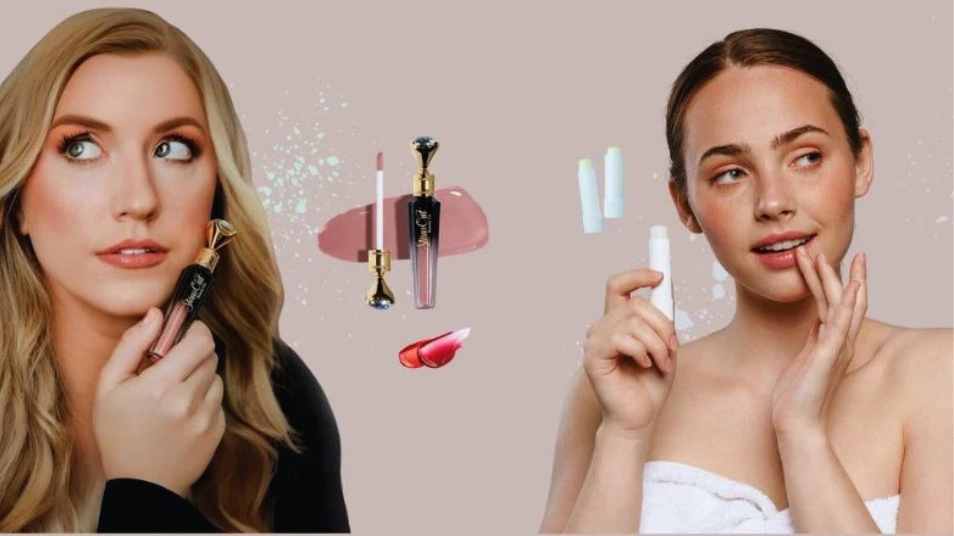 Two women with makeup; the left holds lipstick, appearing thoughtful. The right applies lip balm, looking intrigued. Lip products float between them.