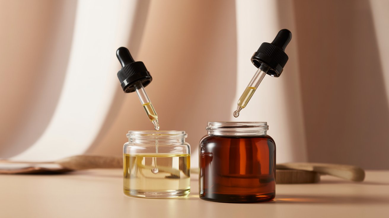 Two glass jars with liquid, one clear and one amber, each with droppers above, releasing drops. Soft lighting and neutral tones create a calming ambiance.