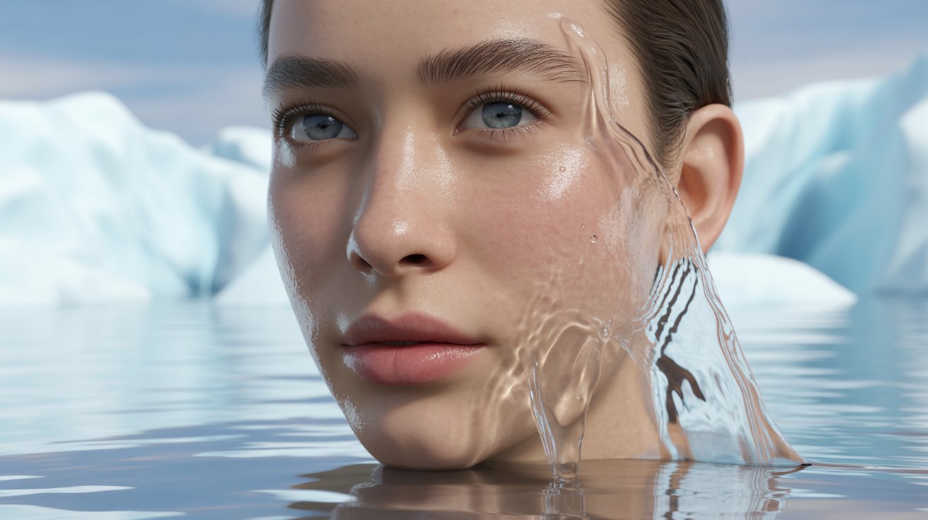 A woman with blue eyes stands in water, with a large iceberg visible in the background.