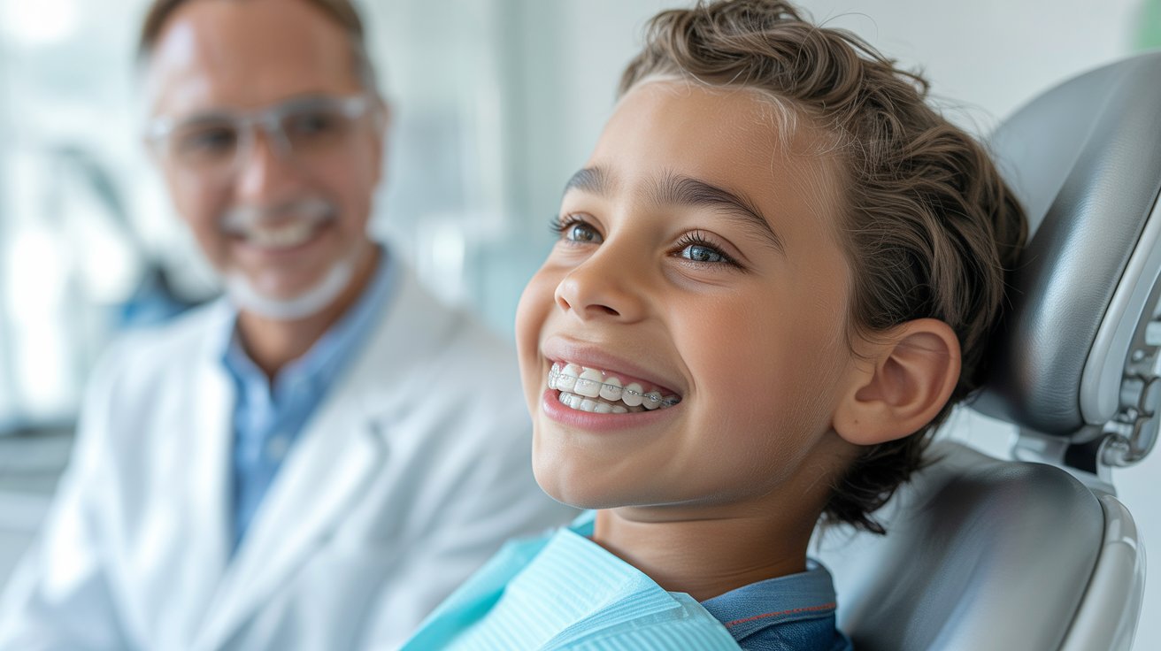 A young boy smiles happily while seated in a dentist chair, showcasing a positive dental visit experience.