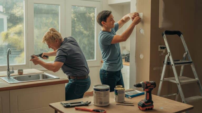 Two individuals collaborating on a kitchen renovation in a cozy home setting.