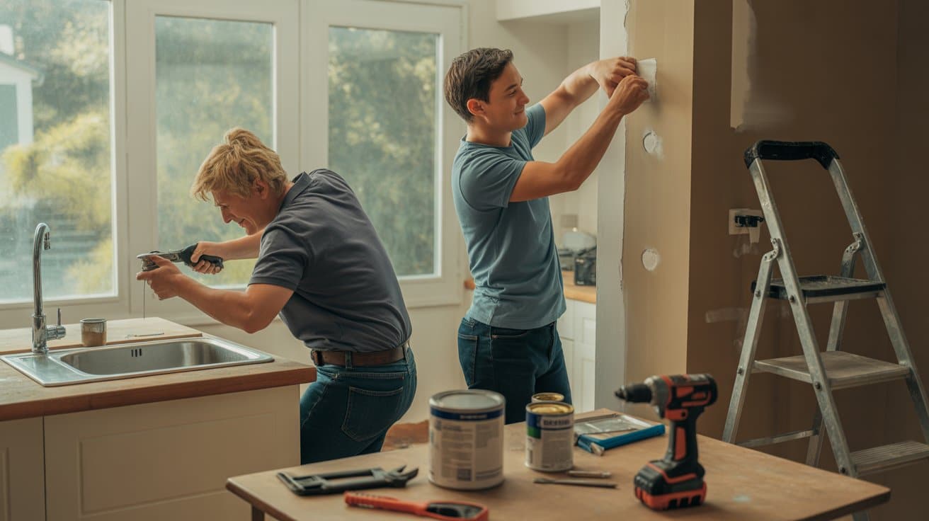 Two individuals collaborating on a kitchen renovation in a cozy home setting.