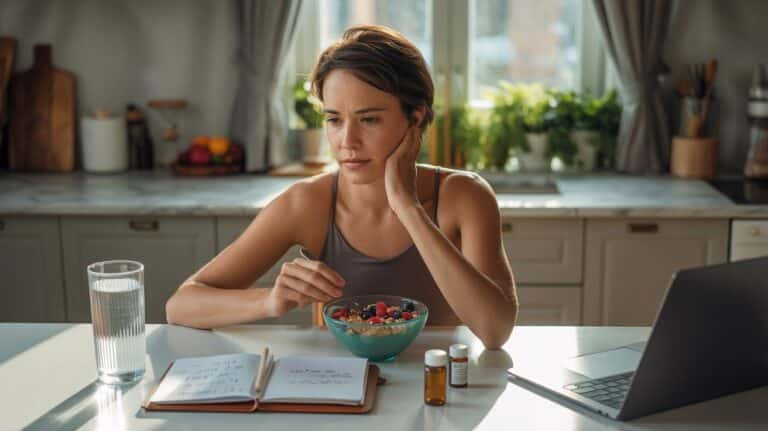 A woman sits thoughtfully at a kitchen table, eating a bowl of fruit and cereal. Nearby are a notebook, glass of water, medicine bottles, and a laptop. Bright morning light filters in.