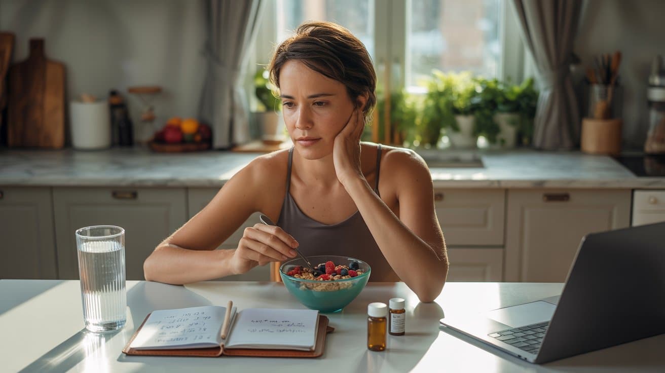 A woman sits thoughtfully at a kitchen table, eating a bowl of fruit and cereal. Nearby are a notebook, glass of water, medicine bottles, and a laptop. Bright morning light filters in.