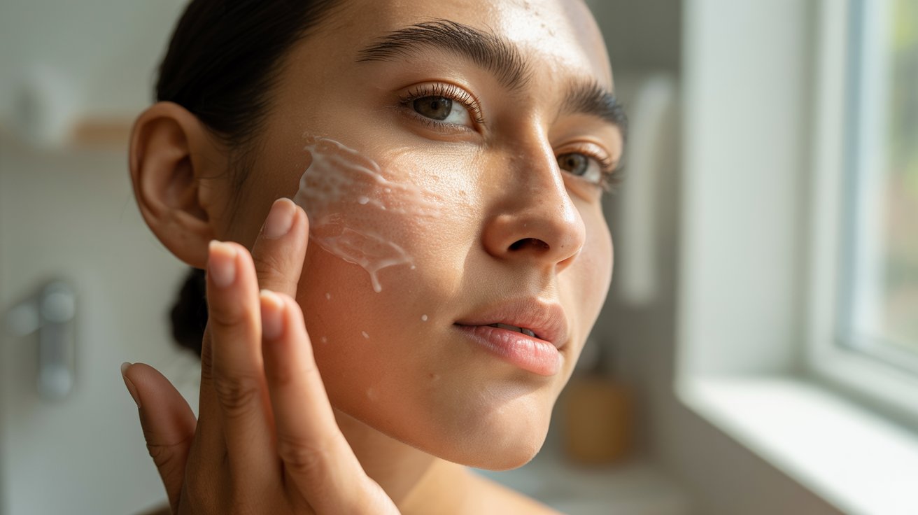 A woman gently applies cream to her face, focusing on skincare in a well-lit bathroom setting.