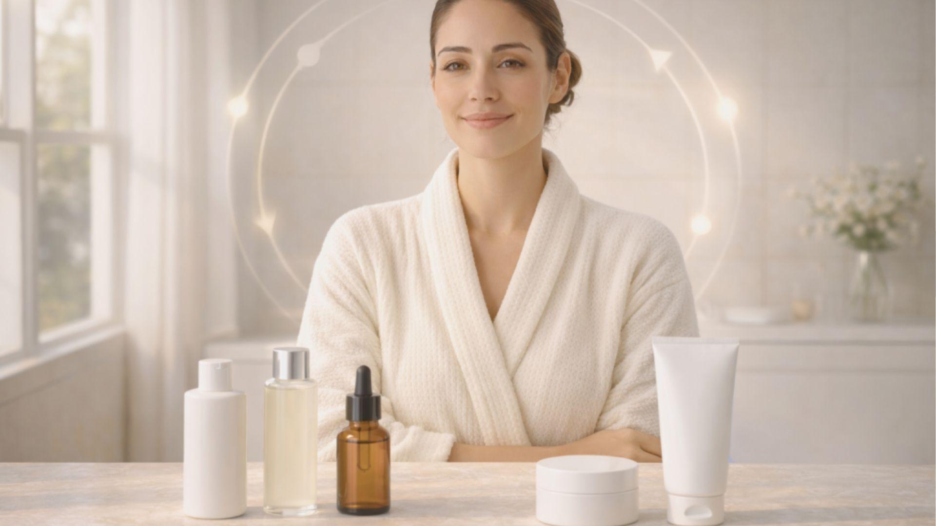 A woman in a white robe sits at a bathroom counter with skincare products lined up in front of her.