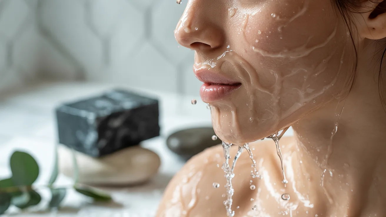 Fresh clean skin with water splash effect showing refreshed and long-lasting clean feeling after using charcoal soap.