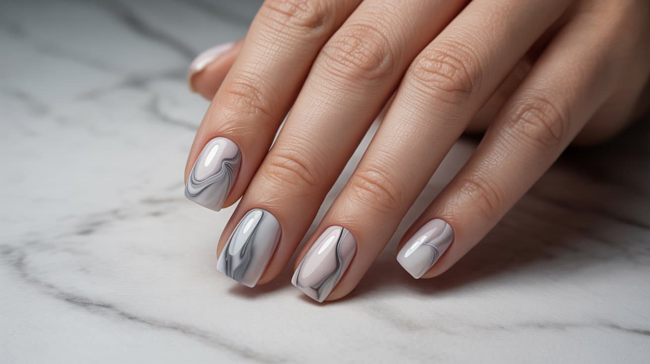 "Close-up of square-shaped nails with white and grey marble effect design on a well-manicured hand in a minimalist luxury photography setting"