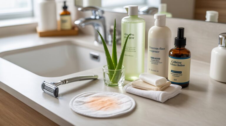 "Skincare products and shaving tools arranged on a bathroom counter to soothe razor burn, including aloe vera gel, razor, cold compress, and calming balm in a clean realistic setup."