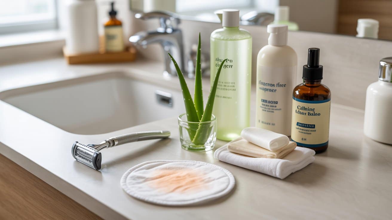 "Skincare products and shaving tools arranged on a bathroom counter to soothe razor burn, including aloe vera gel, razor, cold compress, and calming balm in a clean realistic setup."