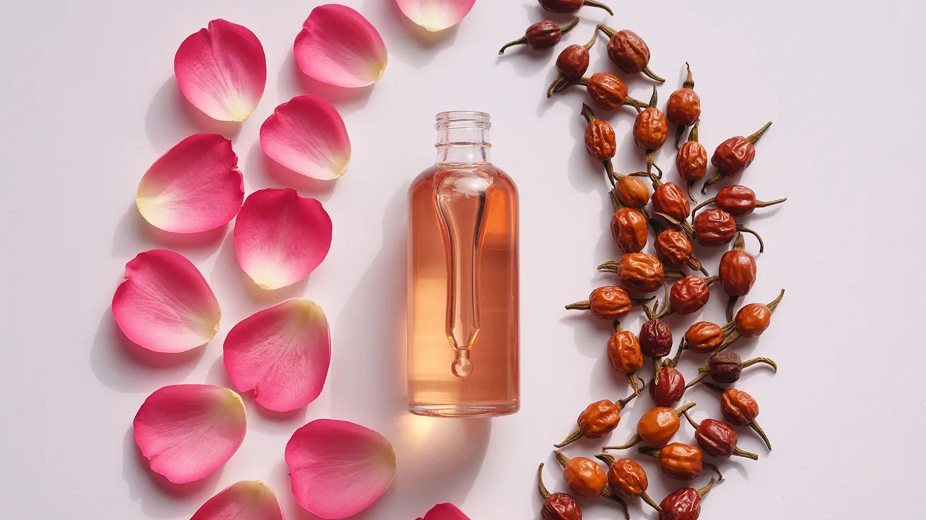 Rose oil bottle with rose petals and seeds showing important differences and basics to know before using on skin.