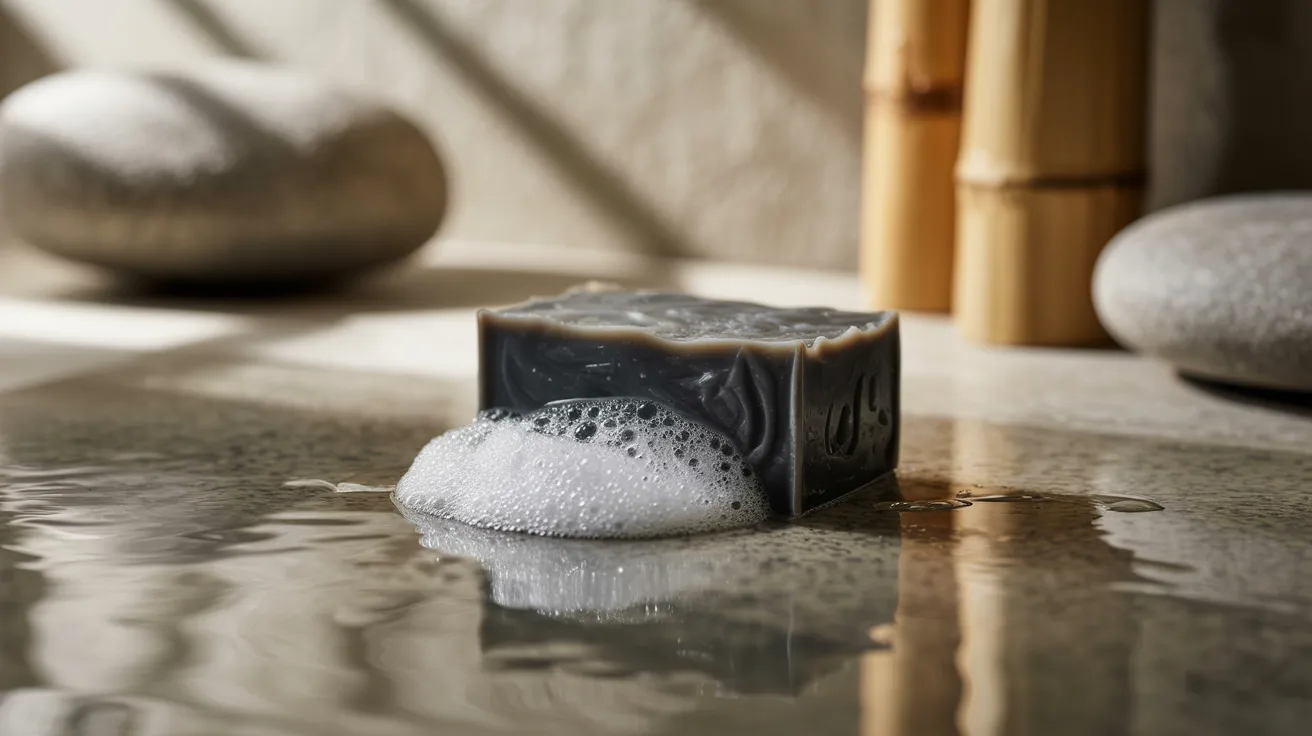 Close-up of charcoal soap bar with foam and water droplets showing deep cleansing skincare product for clearer and fresher skin.