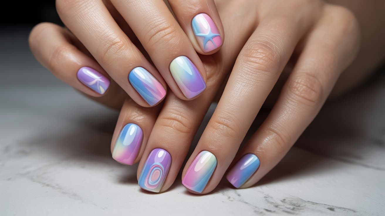 "Close-up of square-shaped nails with Y2K airbrush gradient design in pastel blue, pink, and purple tones in a retro-influenced minimalist photography setting"