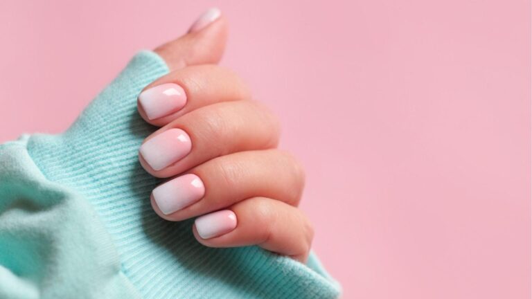 Pink ombre gel nails in teal sleeve, with good care, gel manicures last up to 21 days.