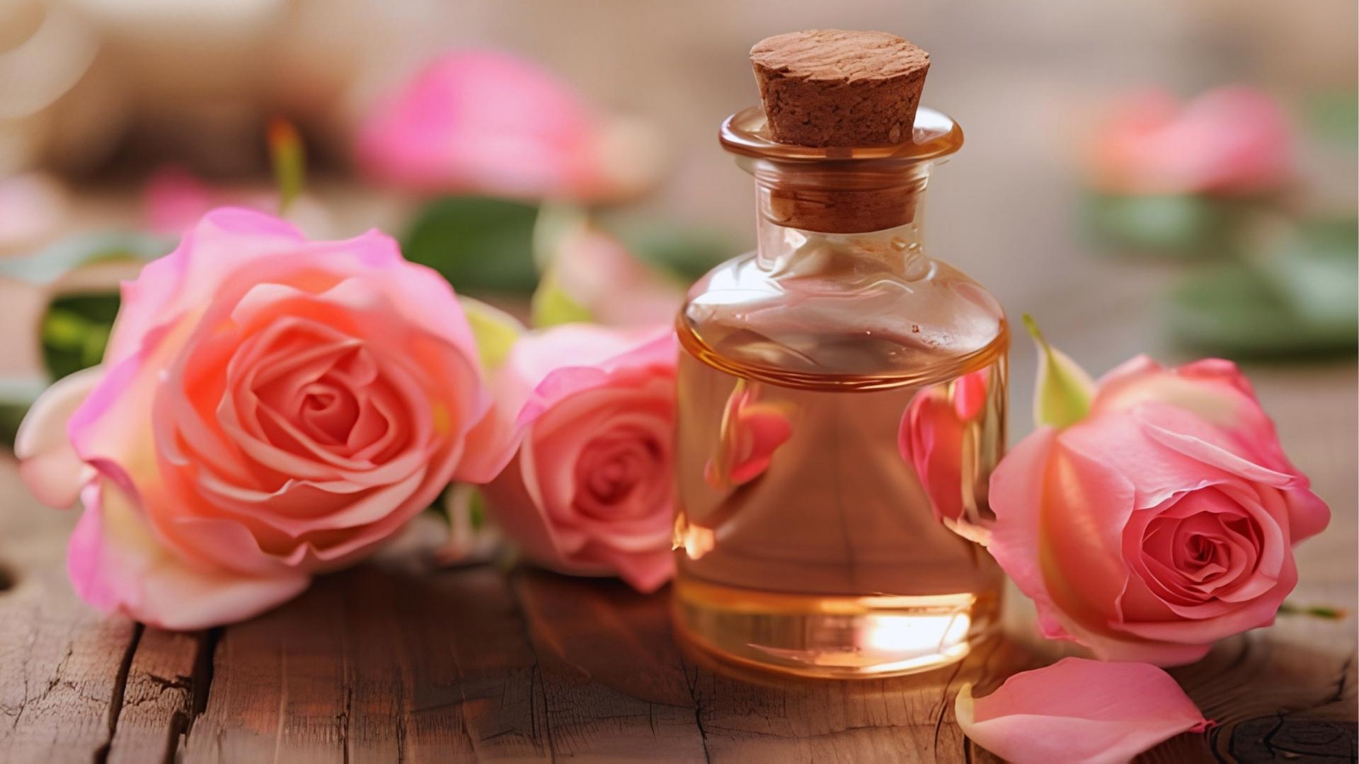 Close-up of rose oil with fresh rose showing natural skincare oil used for glowing and healthy skin.