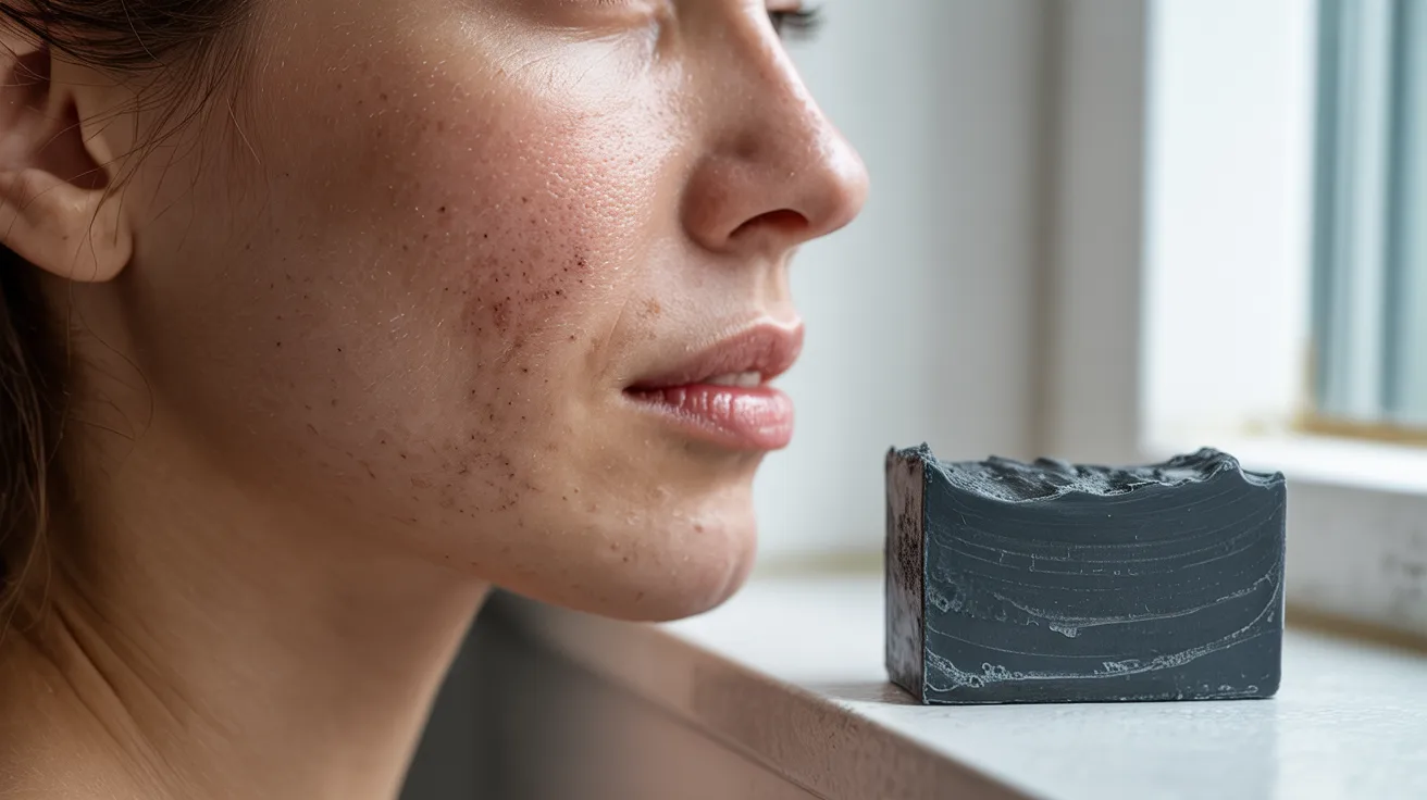 Comparison showing acne-prone skin improving with fewer breakouts after regular use of charcoal soap for daily cleansing.