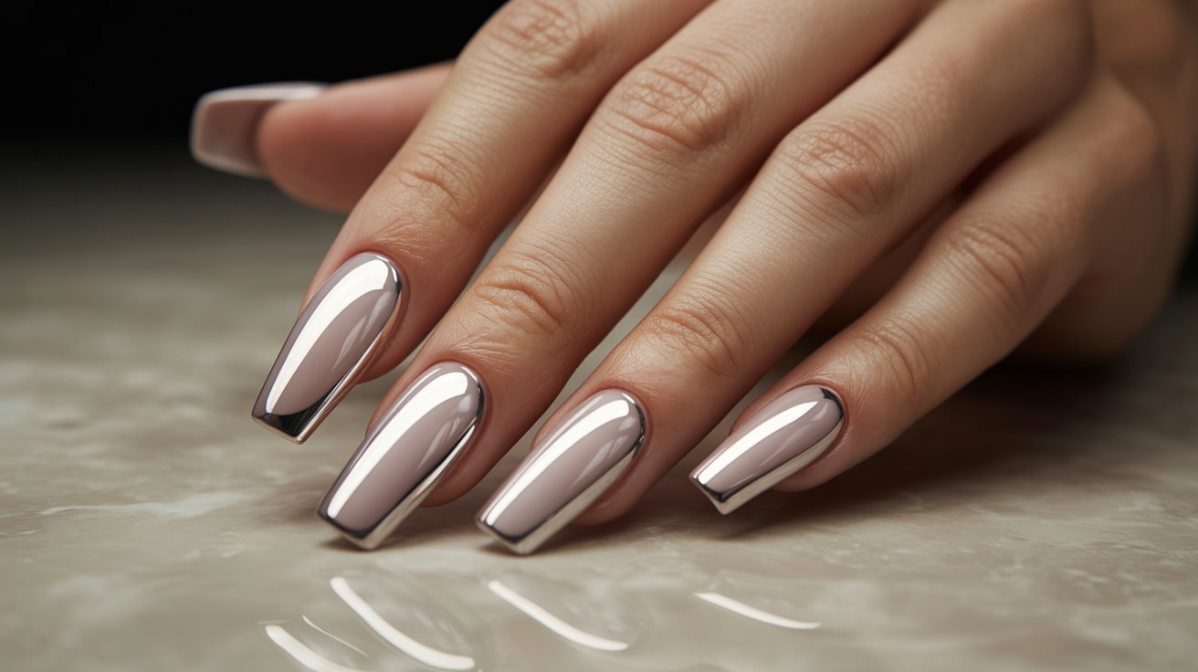 "Close-up of glazed chrome coffin nails with a soft neutral reflective finish on an elegant hand resting on ivory marble."