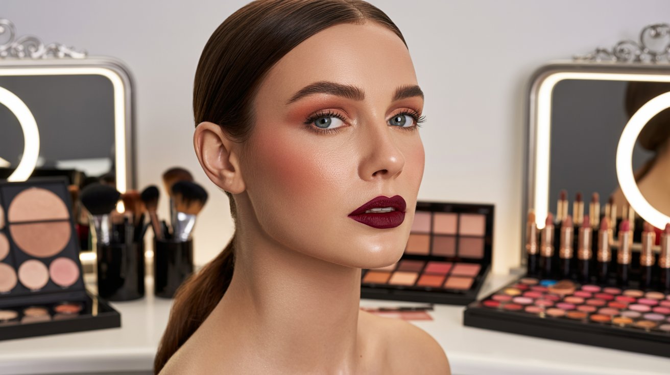 Heart-shaped face woman applying blush and bold lips in soft beauty lighting makeup studio
