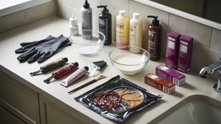 Expired and fresh hair dye products displayed beside beauty tools on a modern bathroom counter