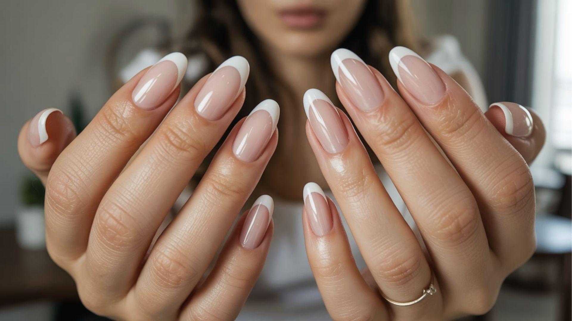Short almond French dip nails with nude pink base and thin white tips for a clean everyday style.