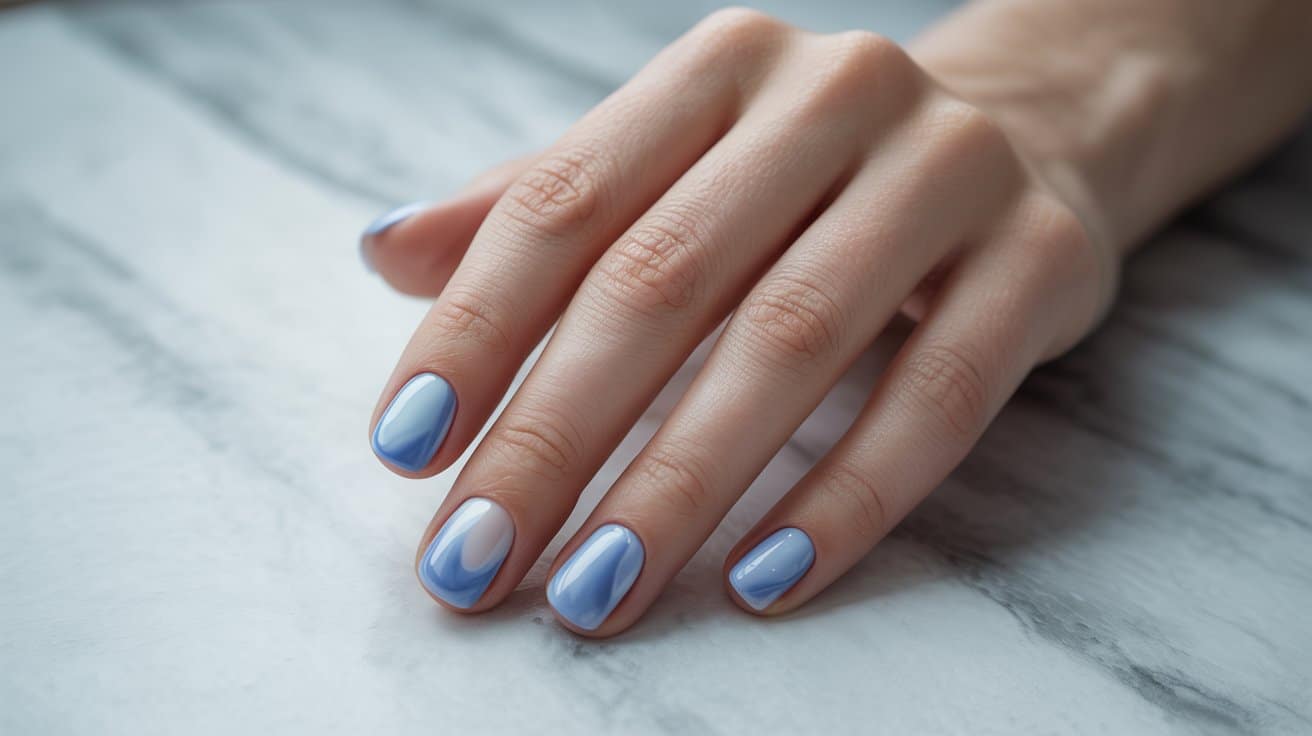 "Close-up of square-shaped nails with soft blueberry milk dusty blue milky finish on a well-manicured hand in a clean minimalist photography setting"