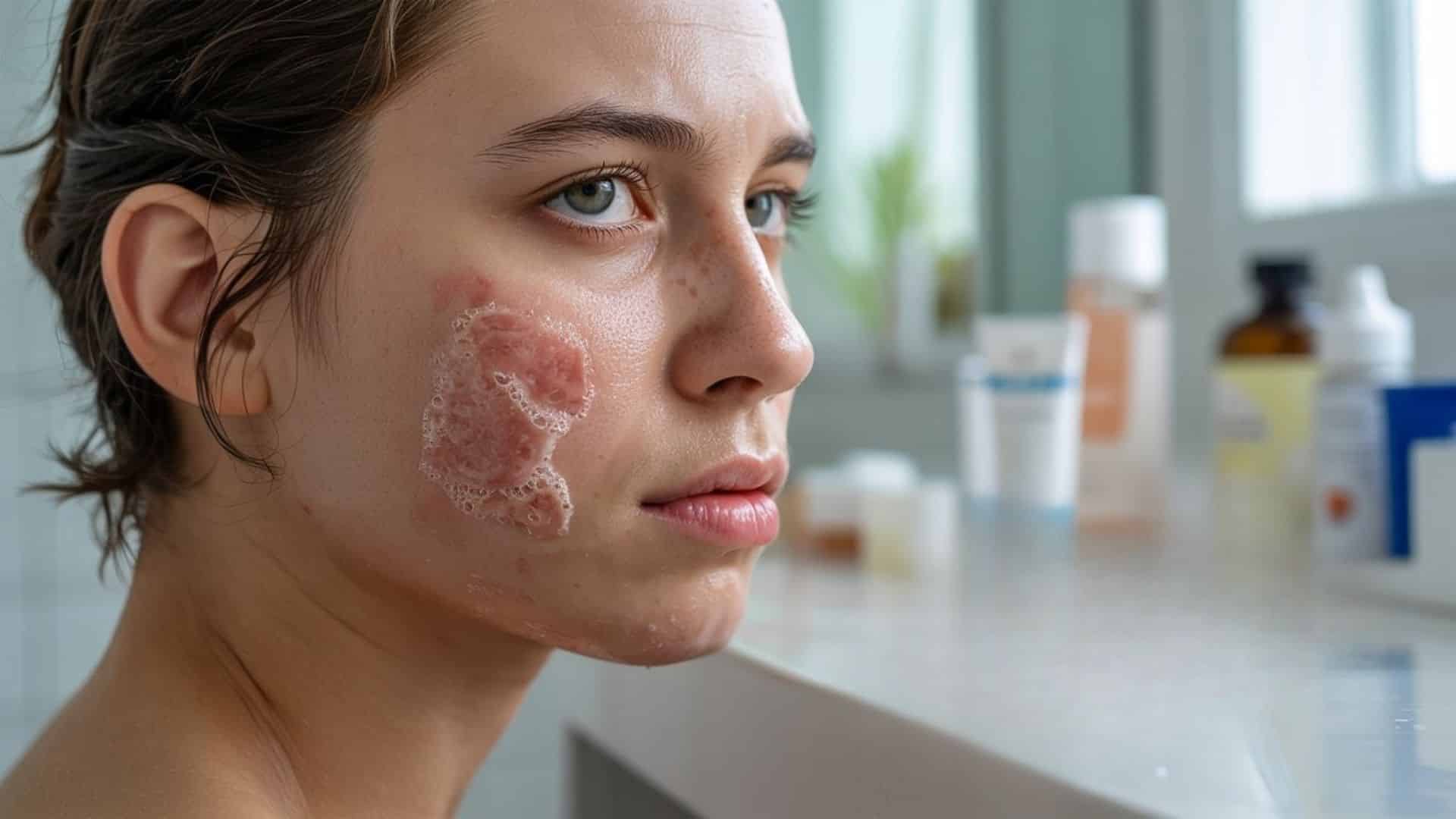 "Dry and irritated acne-prone skin caused by excessive salt water skincare use"