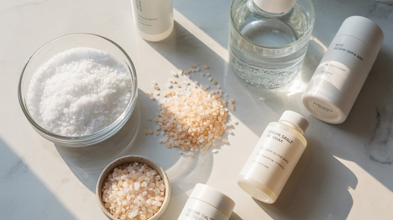 "Different types of salt water and sea salt skincare products used for acne treatment"