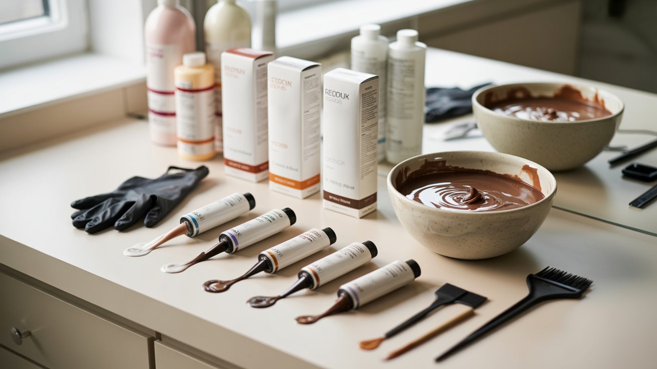 Unopened, opened, and mixed hair dye products displayed with salon tools on a modern countertop
