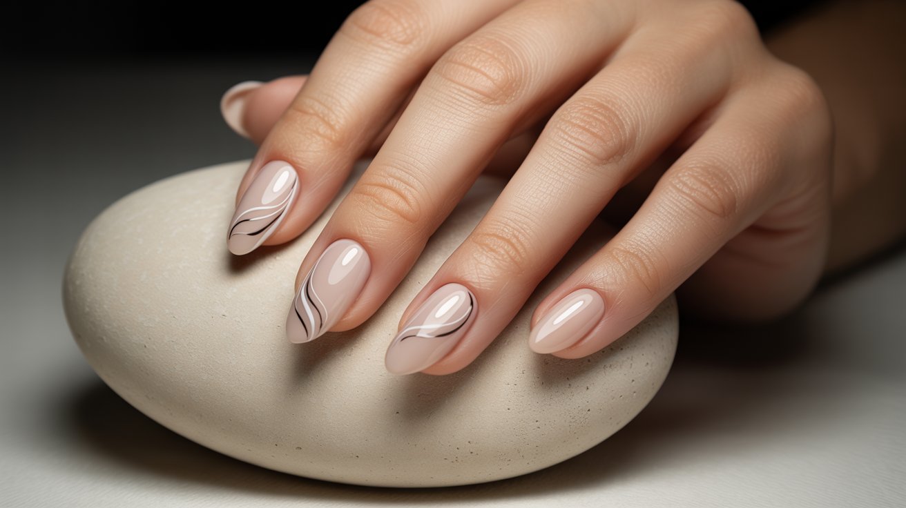 "Close-up of nude chrome nails with delicate swirl designs on a glossy reflective base on an elegant hand resting on a cream stone surface."