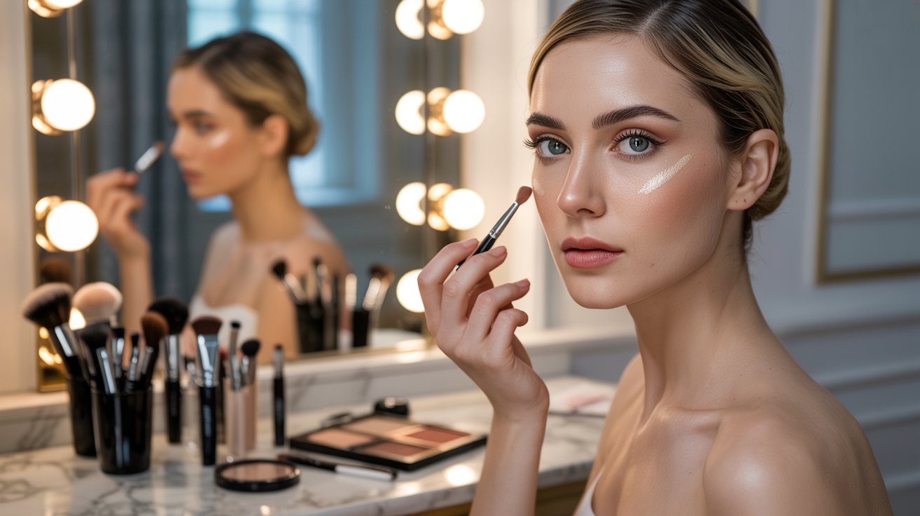 Diamond face woman balancing features with contour highlight and soft curved brows makeup studio
