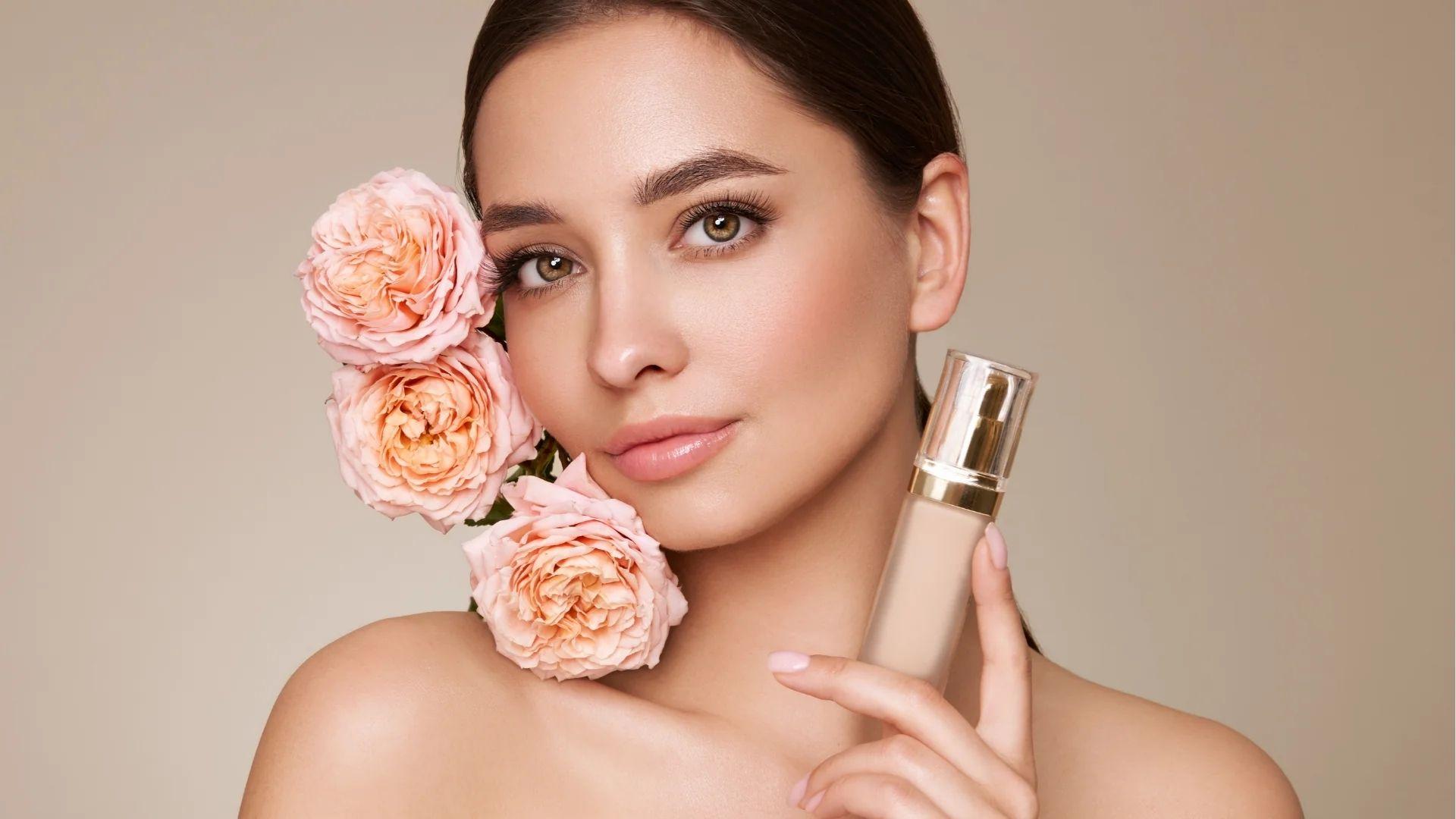 Model holding BB cream bottle near face with flowers, highlighting dewy, skincare-makeup hybrid.