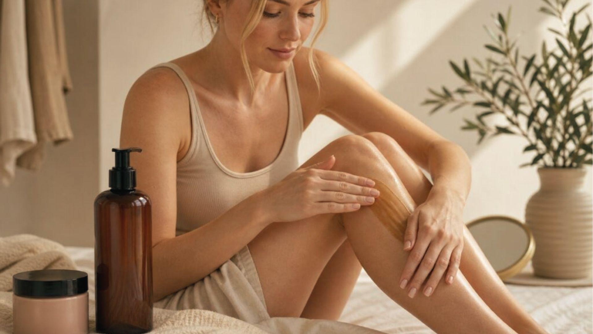 Woman applying self-tanning lotion on leg with bottles nearby for at-home tan on fair skin