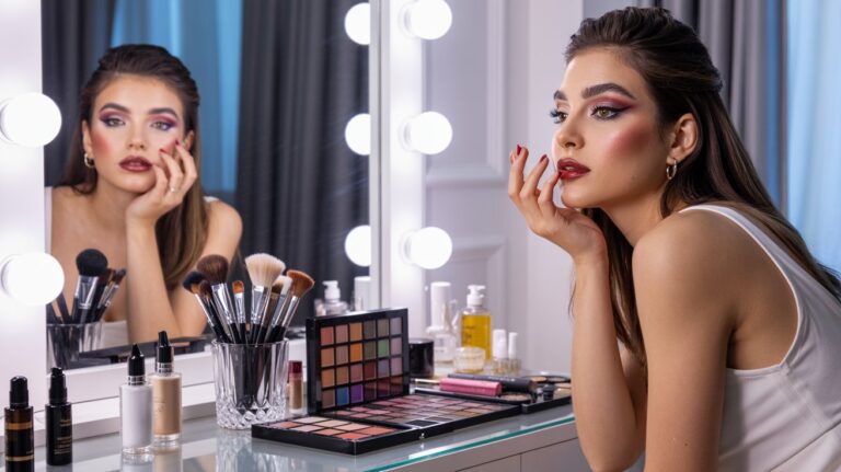 Beautiful woman comparing natural and glam makeup styles at elegant vanity with modern beauty accessories