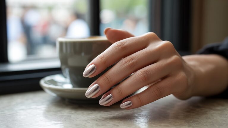 "Close-up of neutral chrome nails in soft nude tones with a subtle mirror shine, resting on a hand in a cozy café setting with natural light."