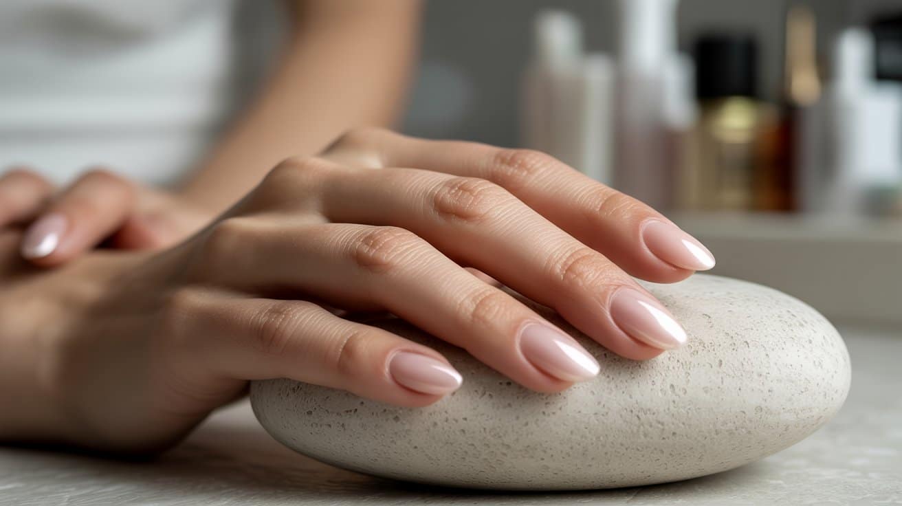 "Close-up of a hand with glossy nude oval acrylic nails resting on a light beige surface in a minimalist salon setting."