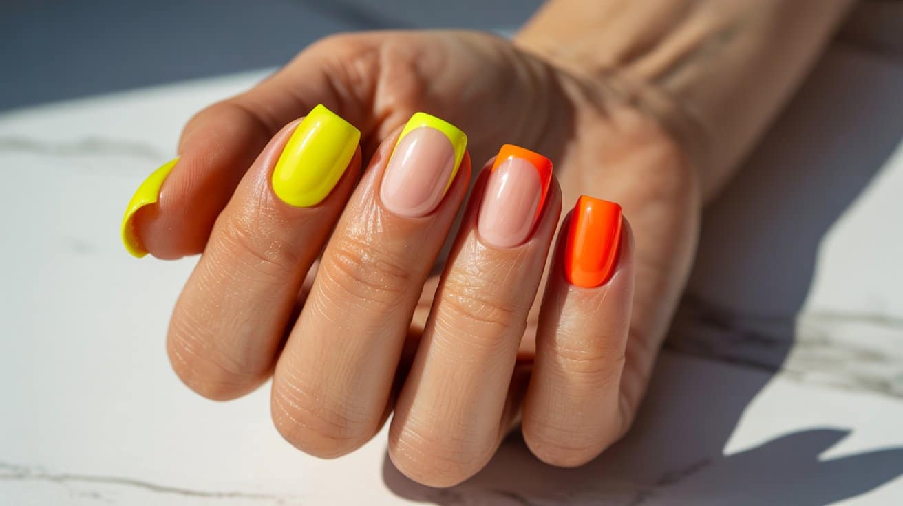 "Close-up of square-shaped nails with bright neon yellow, orange, and coral summer manicure in a sunlit minimalist photography setting"