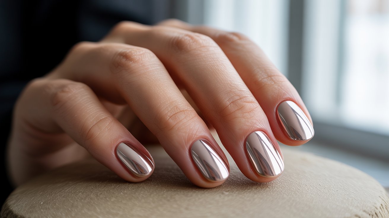"Close-up of chrome oval nails with a soft neutral reflective finish on an elegant hand resting on a light sand surface."