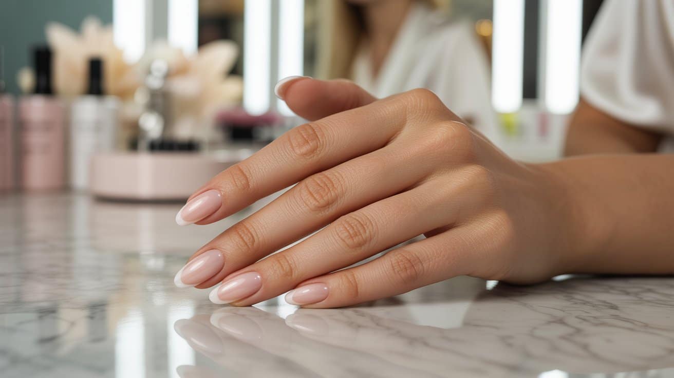 "Close-up of a hand with glossy nude almond-shaped acrylic nails resting on a marble surface in a minimalist salon setting."