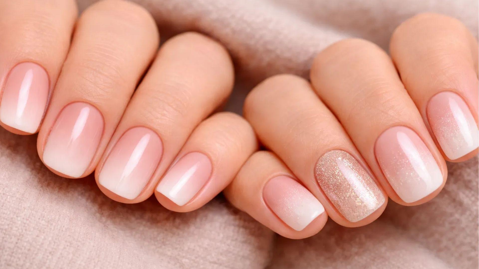 Short square dip nails with nude ombre, white tips and blush accent for glam touch.