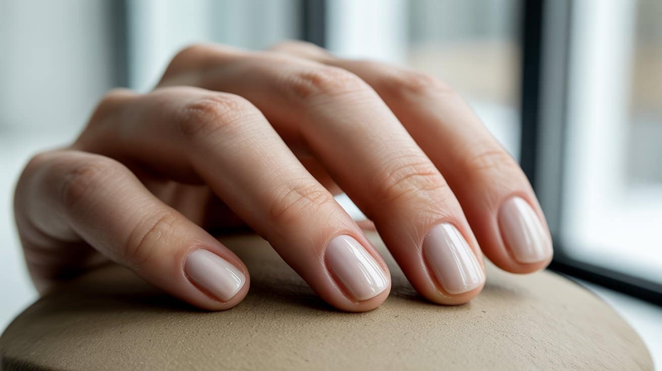 "Close-up of short vanilla chrome nails with a soft creamy finish and subtle shine on a relaxed hand in natural light."