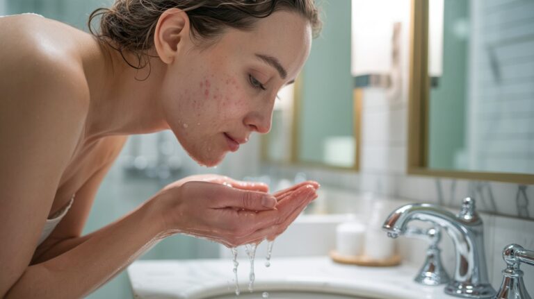 "Woman rinsing acne-prone skin with salt water in a realistic skincare routine scene"