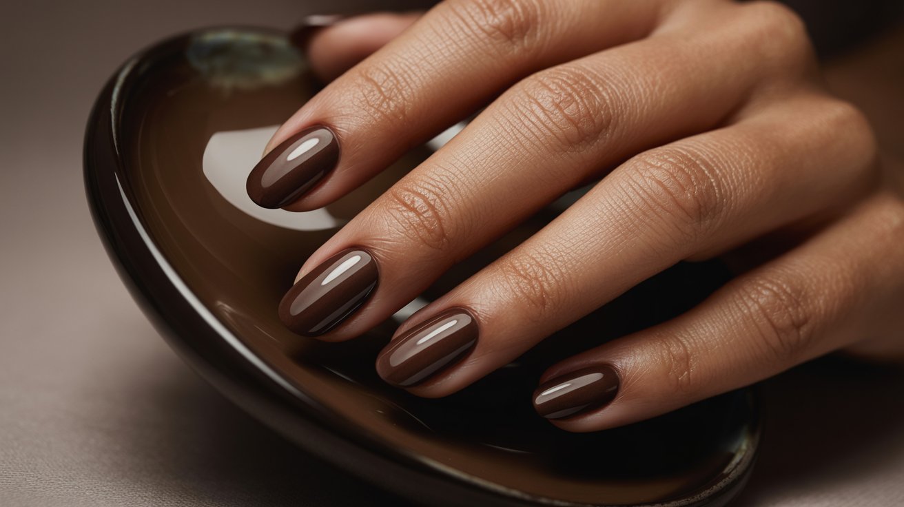"Close-up of mocha chrome nails with a deep brown reflective finish on an elegant hand resting on a dark ceramic surface."