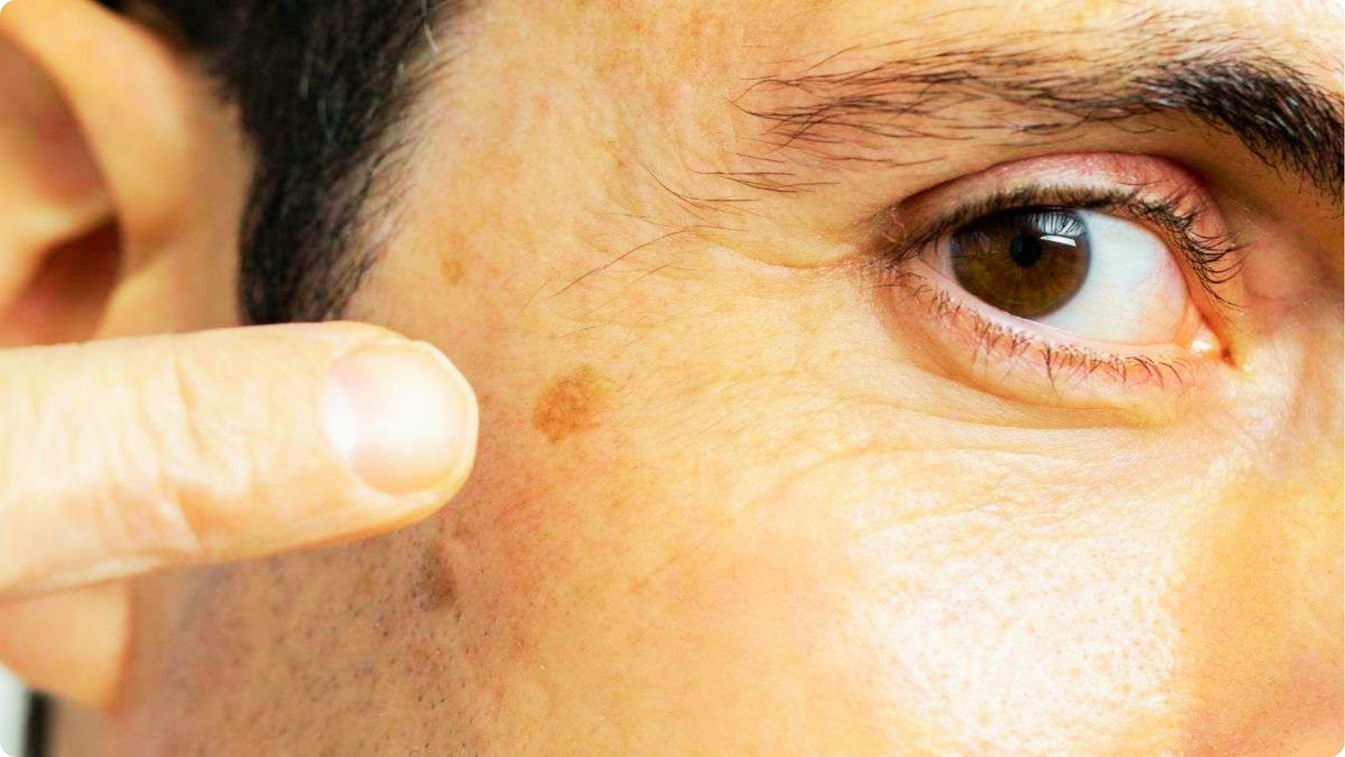 Close-up of a man’s eye area with a finger pointing to a distinct brown spot on the cheekbone.