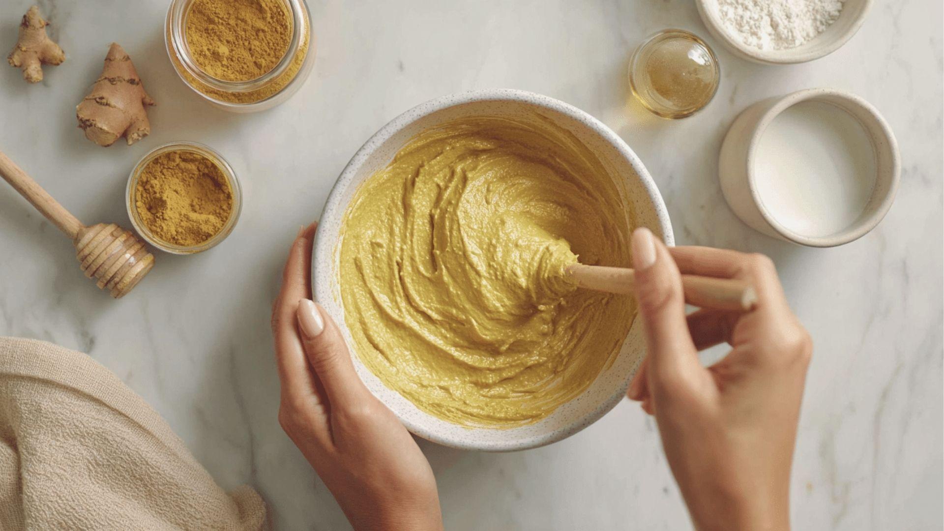 Hands mixing a golden turmeric face mask in a white bowl surrounded by honey, milk, and turmeric powder.
