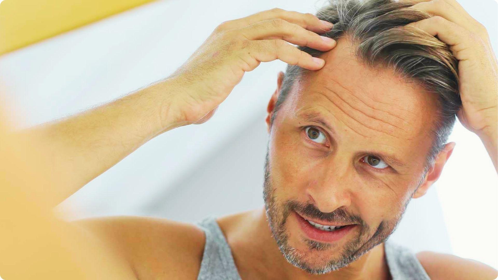 Middle-aged man looking in a mirror while running fingers through greying hair at the hairline.