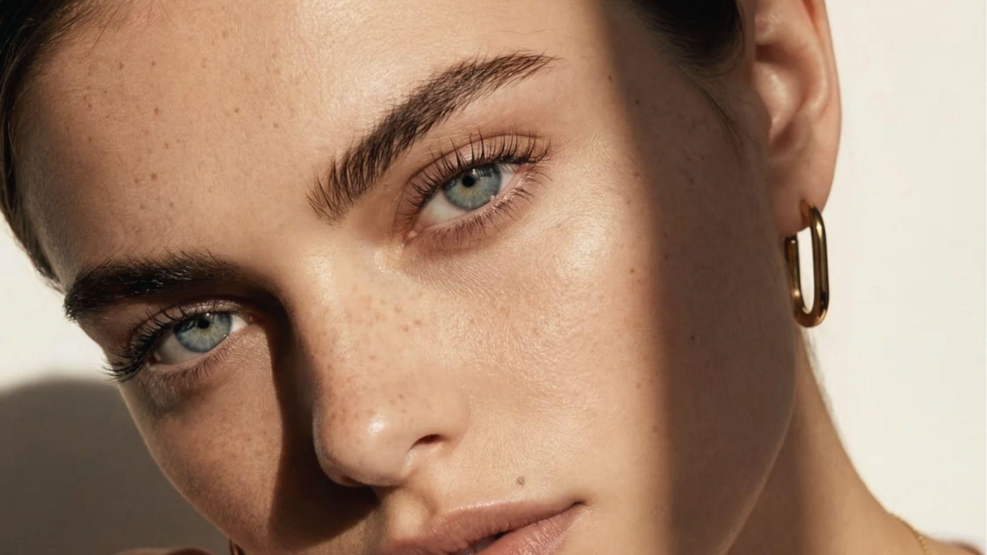 Freckled model with natural-looking lash extensions and gold hoops, light sets shed with natural lashes