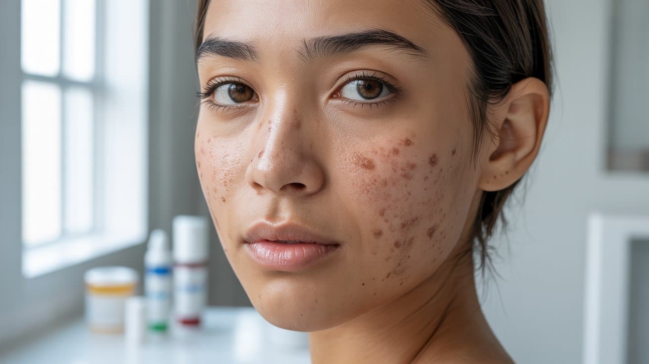 "Close-up of acne scars and hyperpigmentation with natural skin texture"