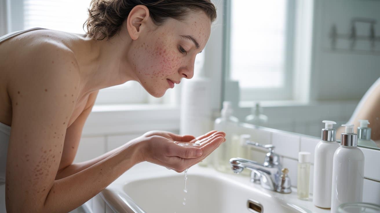 "Person using a gentle salt water rinse for mild acne-prone skin in a realistic skincare routine"