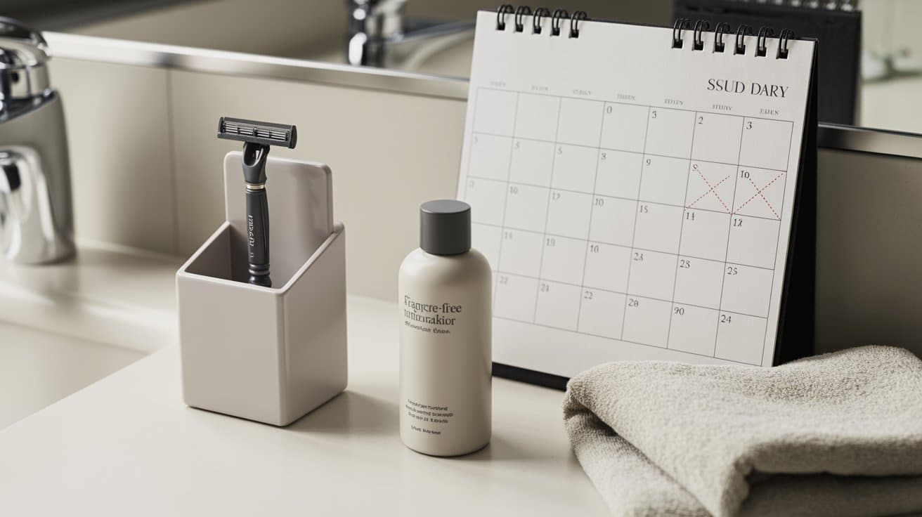 "Safety razor in a storage case beside moisturizer and towel on a clean surface representing resting skin and avoiding shaving during irritation recovery."